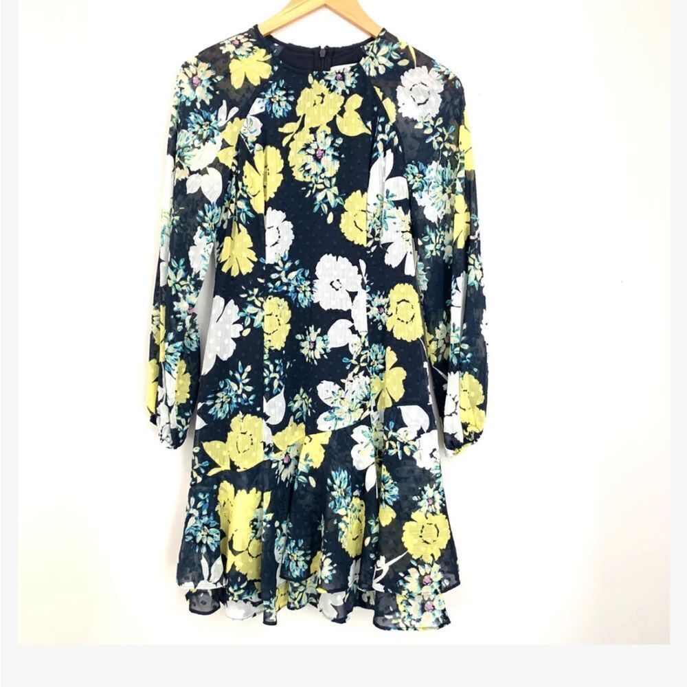 ELIZA J NAVY & YELLOW FLORAL CHIFFON RUFFLE DRESS